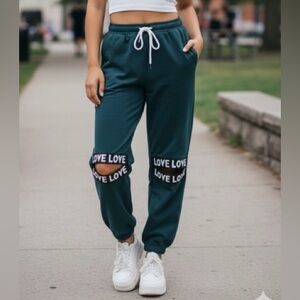 SHEIN Forest Green Cut-Out Knee Utility Joggers Y2K LOVE Graphic Pants Women S